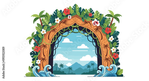 Tropical Paradise Archway Entrance with Ocean Waves and Mountains