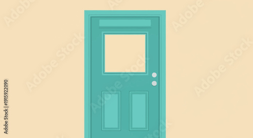 Turquoise Front Door with Small Window and Cracks