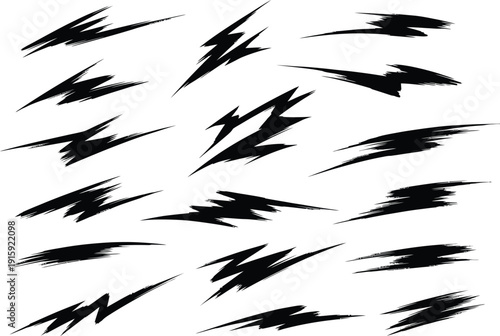 Collection of sharp, energetic black abstract brush stroke elements, resembling lightning or quick slashes, ideal for conveying speed, power, and impact in designs.