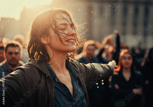 Joyful Young Woman Celebrating in Rain With Open Arms Amid Urban Crowd at Golden Hour