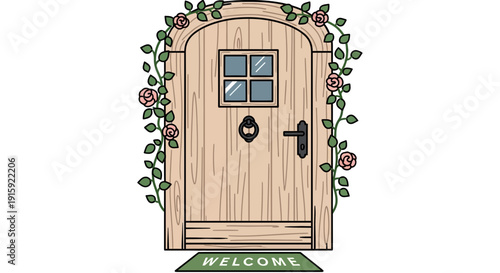 Whimsical Fairy Door with Rose Garland and Welcome Mat