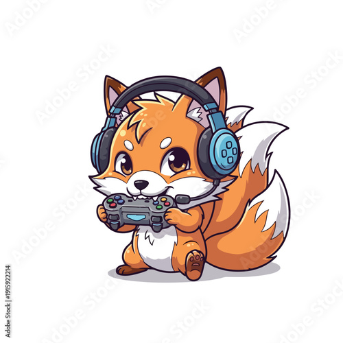 Cute Fox Playing Video Game with Headphones