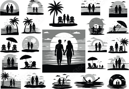 Collection of romantic couples silhouetted against a sunset on tropical beaches