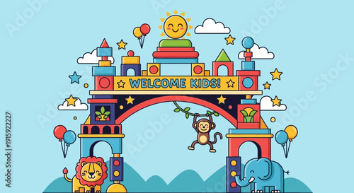 Welcome Kids Archway with Toys, Animals, and Sun - Bright, Colorful Illustration