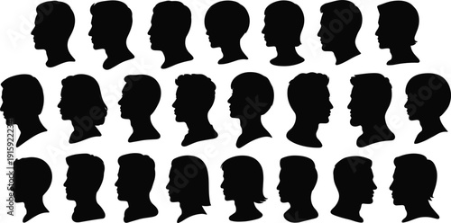 A grid of 24 black silhouette profiles of diverse human heads on a white background silhouettes faces