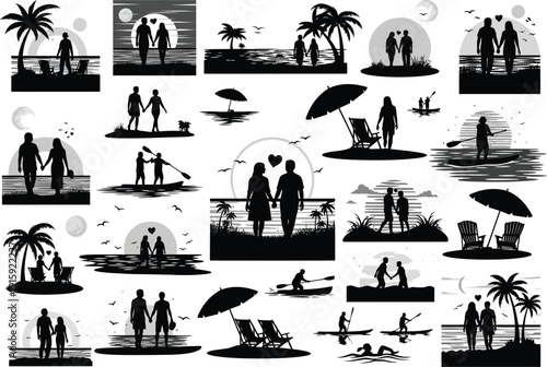 Silhouette collection of couples and families enjoying beach and ocean activities at sunset