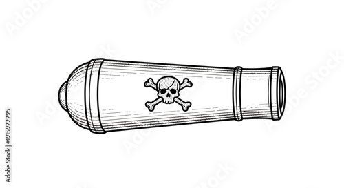 Pirate Cannon with Skull and Crossbones Emblem, Vintage Nautical Weapon Illustration