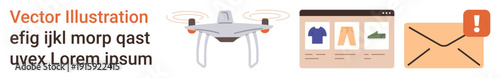 quadcopter technology, e-commerce, email notifications, delivery alerts, online shopping, and communication systems. A Quadcopter, an e-commerce website interface, and an envelope with an alert icon