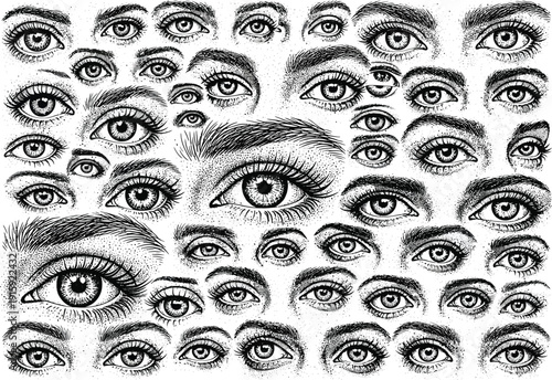Detailed stippled illustration of many human eyes, conveying observation and a sense of being watched