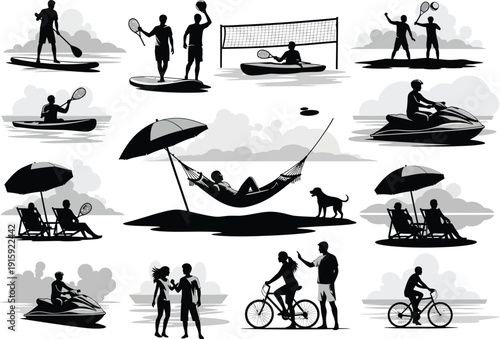 Silhouette collection of people enjoying summer leisure activities by the water, including sports and relaxation