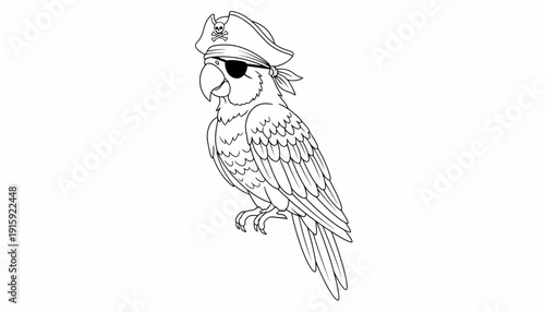 Pirate Parrot with Eye Patch and Hat, Black and White Line Art