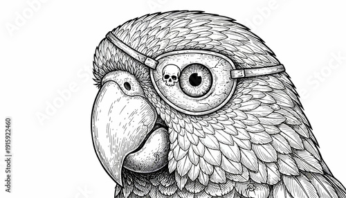 Pirate Parrot with Eye Patch and Skull Detail, Detailed Ink Drawing