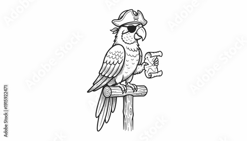 Pirate Parrot with Eyepatch and Treasure Map, Cartoon Style