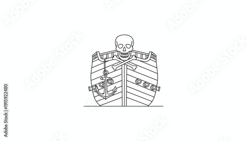 Pirate Ship Emblem with Skull and Crossbones, Anchor, and Crossed Swords