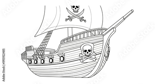 Pirate Ship Silhouette with Jolly Roger Flag and Skull Emblem