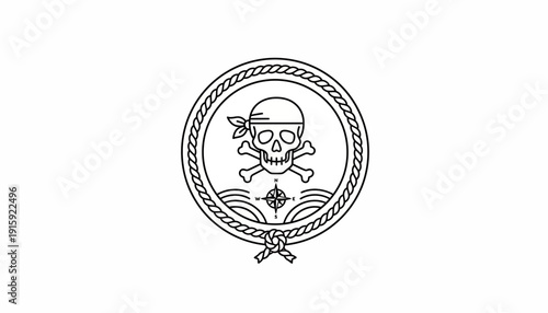 Pirate Skull and Crossbones Emblem with Nautical Compass Rose and Rope Border