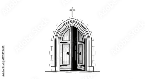 Open Church Doors with Cross Above, Gothic Architecture, Welcoming Entrance