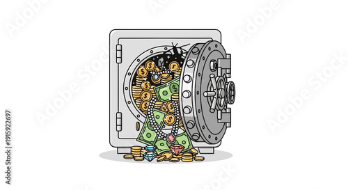 Open Safe Overflowing with Money, Gold Coins, and Diamonds