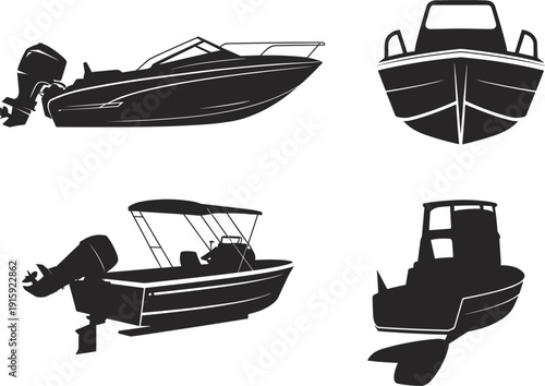 Collection of four black boat silhouettes in different views and styles Keywords: boat, ship, vessel, watercraft, silhouette