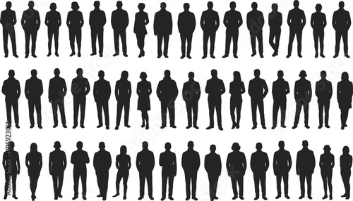 Diverse group of people silhouettes standing in multiple rows on white background Keywords: silhouette, people, group, standing