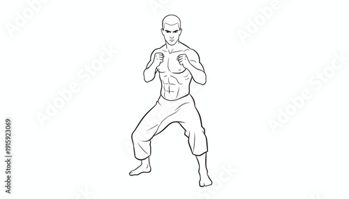 Martial Artist in Fighting Stance, Dynamic Line Art, Athletic Male Body