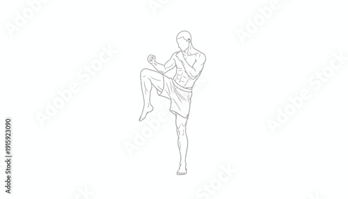 Martial Artist Performing Muay Thai Knee Strike in Minimalist Line Art Style