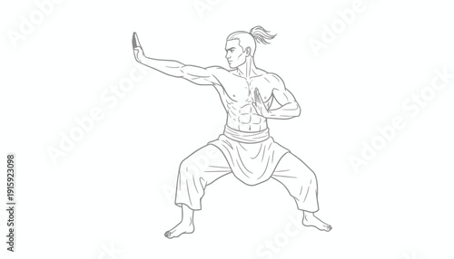 Martial Artist Performing Kung Fu Stance with Open Hand and Focused Expression