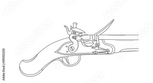 Flintlock Pistol Outline Drawing: Antique Weapon, Historical Firearm, Vintage Gun
