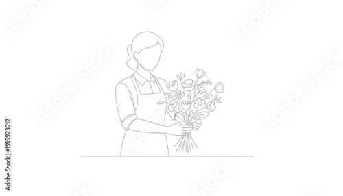 Florist Arranging Bouquet of Flowers, Minimalist Line Art Illustration