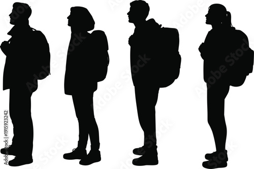 Four diverse people silhouettes with backpacks standing side by side on white background woman