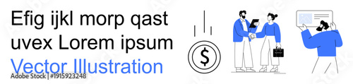 Finance, business collaboration, teamwork, investment, corporate partnerships, workflow. Two business professionals shaking hands, a dollar icon and a person presenting data. Finance and business