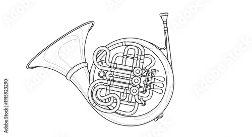 French Horn Outline Drawing, Brass Musical Instrument, Vector Illustration