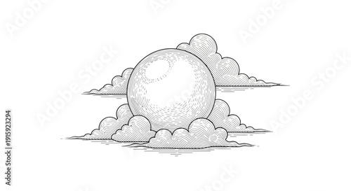 Full Moon Behind Clouds Sketch - Hand Drawn Celestial Night Sky Illustration