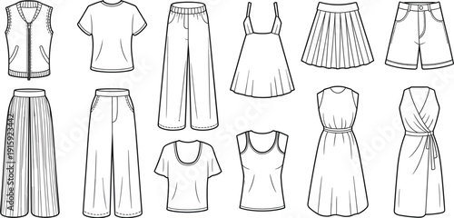 Outline drawings of various women's clothing items on a white background fashion apparel