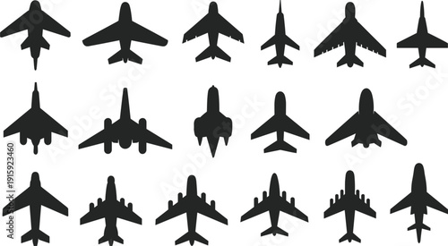 Set of diverse black airplane silhouettes in various flight and static poses Keywords: airplane, aircraft, jet, plane