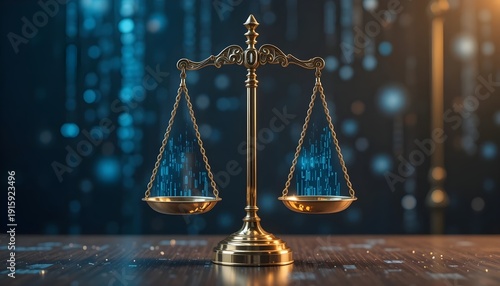 Golden scales of justice standing on a desk with a futuristic digital hologram overlay of binary code and data networks