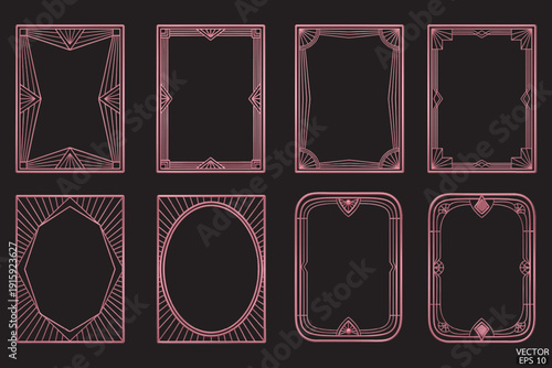 Premium rose gold geometric frames are isolated on black background. Luxury pink borders for invitations, luxury templates, and decorative patterns.