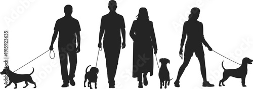 Silhouettes of four people walking their dogs on a white background human