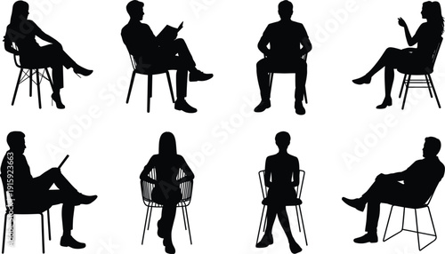 Silhouettes of people sitting on chairs in various poses on white background Keywords: silhouette, people, sitting, chairs, men