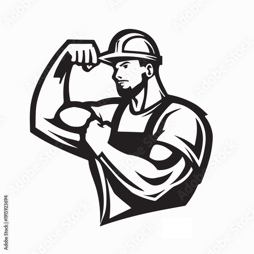 Construction Worker Flexing Biceps Logo Vector on white Background