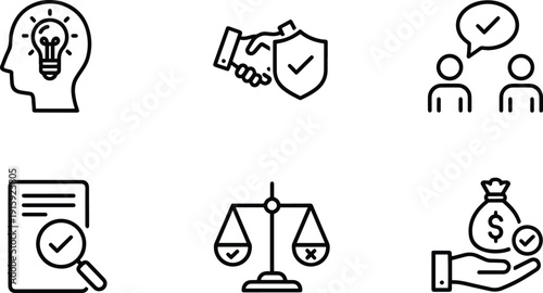 Set of 6 vector silhouette icons for business finance and law design bundle
