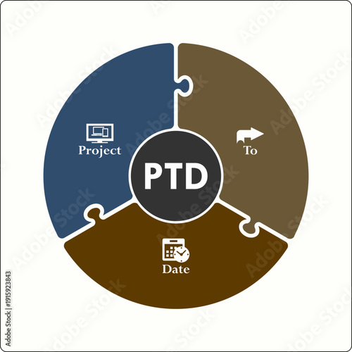 PTD - Project to Date acronym. Infographic template with icons and description placeholder