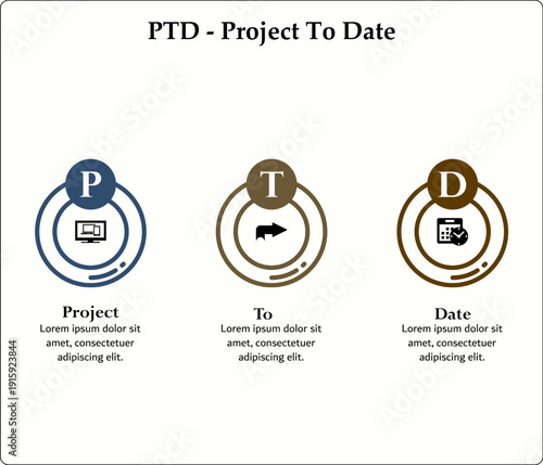 PTD - Project to Date acronym. Infographic template with icons and description placeholder