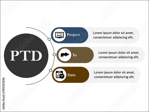 PTD - Project to Date acronym. Infographic template with icons and description placeholder