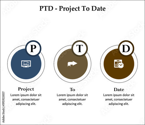 PTD - Project to Date acronym. Infographic template with icons and description placeholder