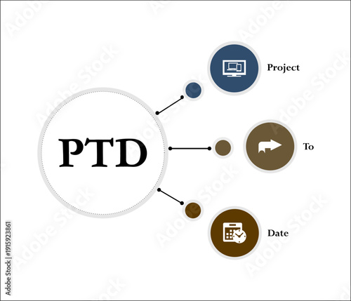 PTD - Project to Date acronym. Infographic template with icons and description placeholder