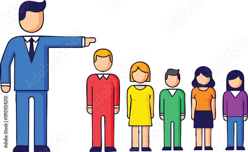 Leadership and selection concept: Manager pointing at diverse group of people. Business, HR, team, management illustration.