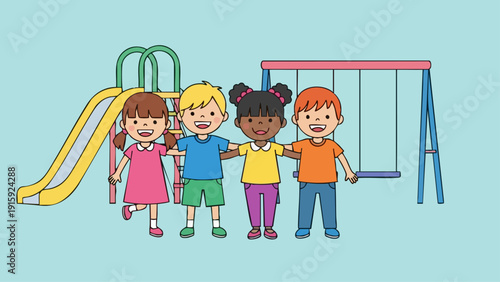 Happy children standing together on the playground, smiling and enjoying.