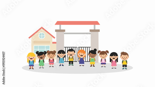 Diverse group of happy children standing in front of school building.