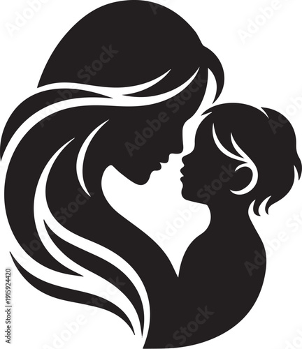 Mother and Child Silhouette Vector Set, Mom and Baby Love Illustration in Black and White